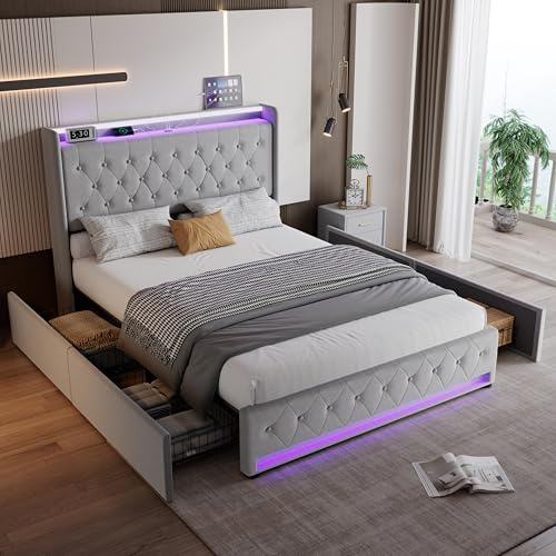 Mrwoo 4ft6 Upholstered Double Bed with Charging Station, Features four Under-Bed Drawers and a Soft Backrest, LED Strip Lighting, With Bed Slats, for Adults & Teenagers, Velvet, Grey (No Mattress)