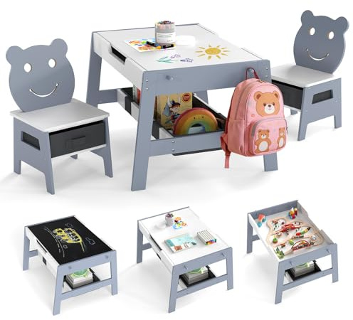 COSTWAY Barnbord med 2 stolar i björnform, målbord 5 i 1 med vändbar tavla, whiteboard, 4 krokar och tygbehållare, barnstolsgrupp med lagringsutrymme för barn från 3 år, grått