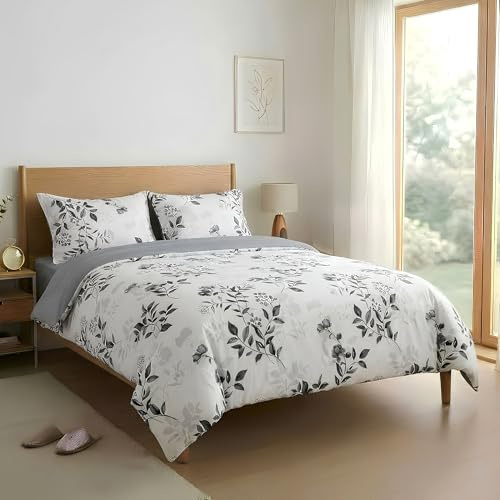 Etrexonline Juego de Funda Nórdica 4 Piezas para Cama 150 - Funda Edredón 220x240 cm, Sábana Bajera 150x200+30 cm, 2 Fundas de Almohadas 50x75 cm - Microfibra Suave y Transpirable - Floral Gris