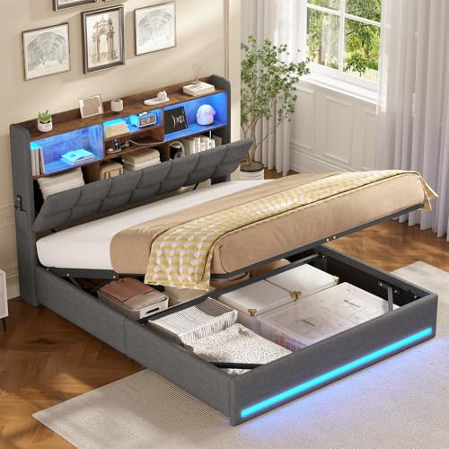 AOGLLATI King Size Ottoman Bed Frame,5ft Upholstered Storage Bed with Hydraulic Storage and Charging Station Upholstered Platform Bed frame with Storage Headboard & Led Lights(Gray, King-150x200cm)