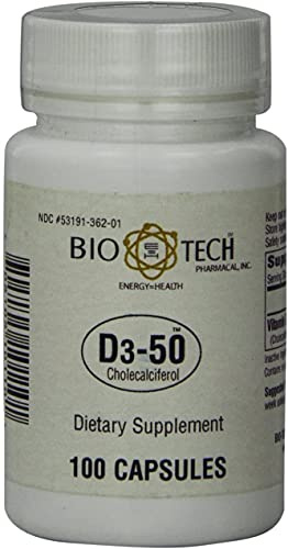 Bio-Tech Pharmacal D3-50 50,000 IU, 100 Capsules Ð All-Natural Supplement Ð Supports Bone, Heart Neuromuscular, & Immune Health Ð No Dairy, Fish, Gluten, Peanut, Shellfish, & Soy