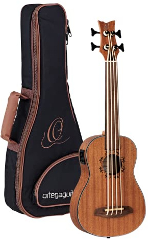 Ortega Guitars Bass Ukulele Elektro-Akustisch – ohne Bundstäbchen – Lizard Series – Inklusive Gig Bag – Mahagoni, Natur (LIZZY-BSFL-GB)