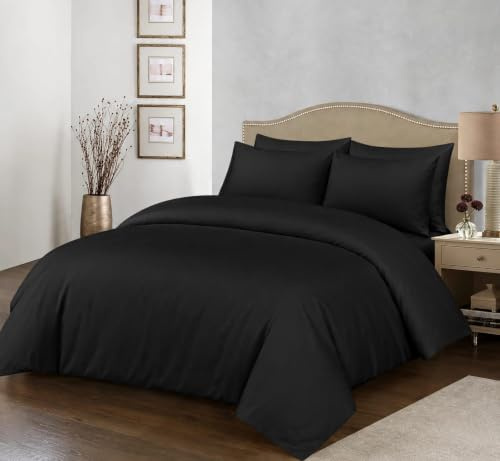 100% Egyptian Cotton Duvet Cover Set |200 Thread Count Plain Dyed Duvet Quilt Cover Set With Free Pillowcases| Non-Iron Easycare Bedding Set - Single Double King Super King Sizes (Black, Super King)