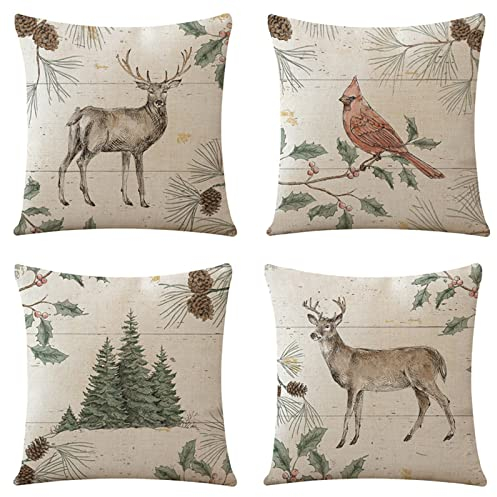 SHUIYAZI Wasserdichter Outdoor Kissen, Wetterfest Kissenbezug 40x40 cm 4er Set Hirsch Vogel kissenbezüge Boho Sofakissen Wasserdicht Atmungsaktiv gartenbank for Garten Zimmer Balkon Deko