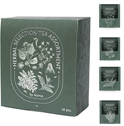 ACORUS | Assortiment de tisanes de sélection aux herbes | Coffret cadeau de thé naturel de 4 saveurs | Découvrez la qualité du thé | Grande boîte de sélection | 56 sachets de tisane