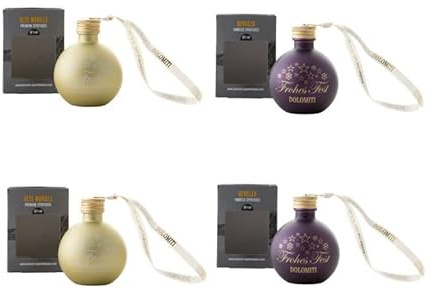Schnaps Weihnachtskugeln 4er Set – 2X Alte Marille & 2X Williams – Hochwertige Glas-Christbaumkugeln – je 0,04 l – Geschenkidee mit Alkohol & Deko – Edle Kugeln gefüllt mit Obstbrand