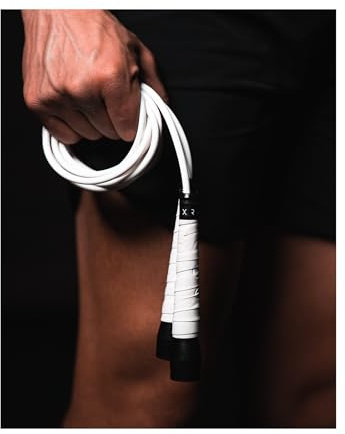 BOXROPE Springseil für Boxen, verhedderungsfrei, 15 % schwerer als ein normales PVC-Seil, verstellbar, inklusive Griffbändern für mehr Halt, Premium-Qualität (weiß (größer als 1,88 m))