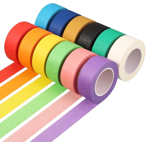Fyguard 12 Rolle Kreppband Bunt, 23mm x 13m Klebeband Bunt Malerkrepp Abklebeband Maler Masking Tape Regenbogen Bastelband für DIY Scrapbooking Klassenzimmerdekorationen Kunstlaborbeschriftung