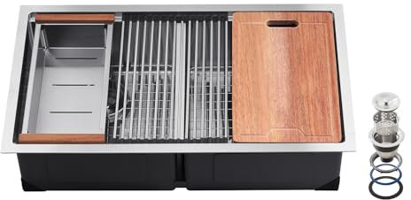 VEVOR Estación de trabajo para fregadero de cocina de 33 pulgadas, acero inoxidable 304, doble cuenco con estante y muchos accesorios, fregadero de lavavajillas para casa rodante, cocina preparada