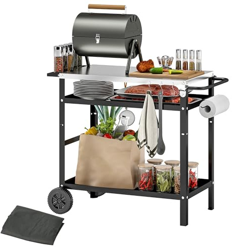Outsunny Carrello Barbecue con Piano in Acciaio Inox e Ripiano Regolabile, Isola Cucina da Esterno per Forno Pizza con Ruote, 6 Ganci, Porta Canovacci e Copertura di Protezione, 100x52x80 cm, Nero