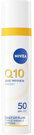 NIVEA Q10 Anti-Falten Expert UV Fluid Täglich LSF 50 40 ml, Anti-Falten-Gesichtscreme mit 3-facher Wirkung mit Sonnenschutz, Gesichtscreme LSF 50 mit reinem Q10 und Glycostop gegen UV-Strahlen und