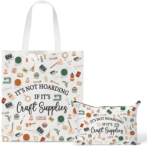Y1tvei Crafter Canvas Bag Set - 2Pcs It's Not Hoarding If It's Craft Supplies Canvas Tote Bag Makeup Pouch, Craft Reusable Grocery Shopping Handbag Gift for Crafting Sewing Lover Birthday Party Favors