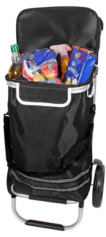 Folding Shopping Cart with Wheels, Lightweight Aluminum Trolley with Insulated Cooling Bag, Black and Red, Portable Grocery Transport (Black)
