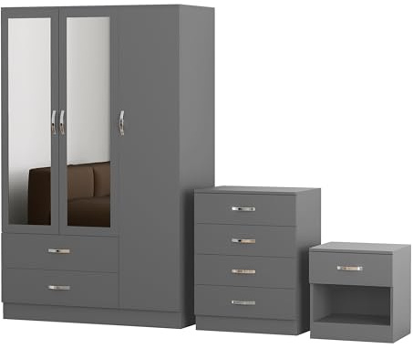 Nera 3 Door Wardrobe Set 3 Piece with Mirror Chest of Drawers Bedside Table for Bedroom Storage (Matt Grey)