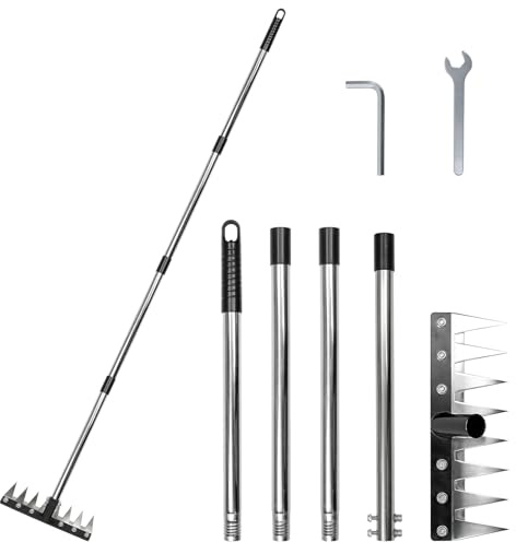 OK5STAR Heavy Duty Iron Weeding Rake, Complete Weed Rake Tool with 4-Section Adjustable Handle(33 to 65), 8 Tines Thick Steel Weed Puller Tool for Raised Garden Beds, Flower Beds & Soft Soil