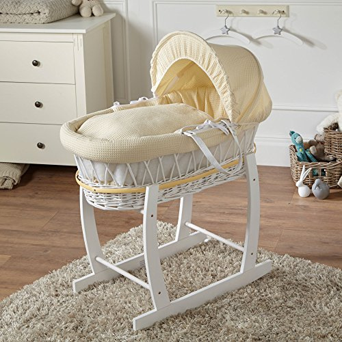 For Your Little One Wicker Moses Basket with Rocking Stand, 83 x 49 cm, Hand-woven Natural, Hypoallergenic Mattress White Wicker/Waffle Design (Cream)