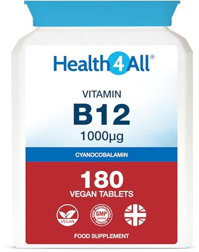 Health4All Vitamin B12 Cyanocobalamin 1000mcg 180 Tablets 6 Months Supply, High Strength VitB12 Supplement, Contributes to The Reduction of Tiredness and Fatigue, Vegan & Gluten-Free | Made in UK