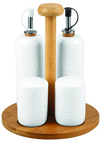 Royalford 4 Pcs Porcelain Cruet Set with Wooden Stand - Ideal for Daily Use – Non-Toxic, Ecologically Tasteless, Smooth Surface, Comfortable Grip and Lightweight – Durable and Elegant Design