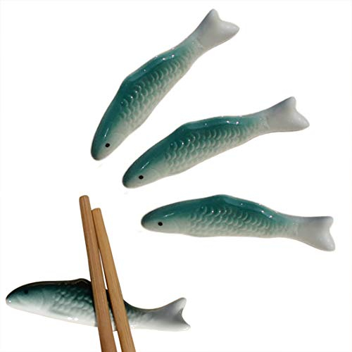 MULHUE Mini Ceramic Green Fish Chopsticks Rest Rack Dinner Spoon Stand Knife Fork Holder Chopsticks Stand(Set of 4)