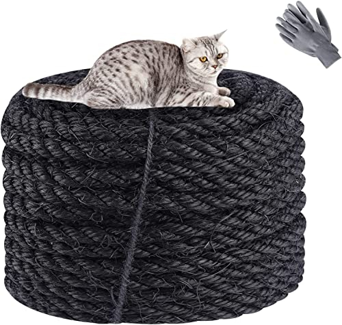 Noir Corde Arbre à Chat,ilauke 8mmx25m Corde en sisal Naturel pour Chats,Sisal Corde pour Réparation de Chat Scratch Pilier+Une Paire de Gants de Protection,Jardinage Corde pour Décoration DIY Jardin