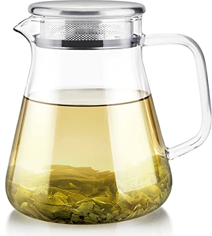 Teabloom One-Touch Tea Maker - 2-in-1 Teapot & Kettle with Stainless Steel Filter Lid - 27 Oz Borosilicate Glass Teapot