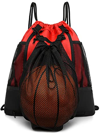 STAY GENT Drawstring Basketball Rucksack Fussball Rucksack für Jugendliche Turnbeutel Jungen Kinder Fußballtasche Soccer Volleyball Sportbeutel Outdoor mit Ballnetz Ball Tasche für Fitnessstudio Rot