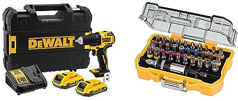 Dewalt 18V XR 2-Gang Akku-Bohrschrauber DCD708D2T & 32-tlg. Schrauberbit-Set (für Schraubarbeiten Phillips, Pozi, Slotted, Hex, Torx und Security Torx, TSTAK kompatibel)