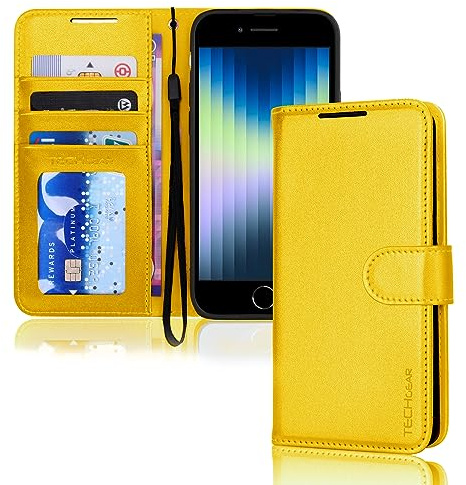 TECHGEAR iPhone SE 2022 5G / 2020, iPhone 8/7/6 läderplånboksfodral, flip fodral skydd, korthållare, stativ, handledsrem, gult PU-läder, magnetisk stängning för iPhone SE 3/SE 2/iPhone 8 7 6 6s 4,7