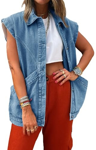 PLNOTME Womens Oversized Sleeveless Denim Vest Classic Button Down Jean Vest Casual Utility Lapel Jean Jacket