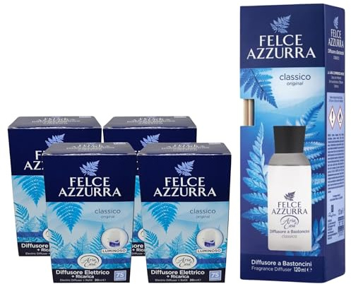 Felce Azzurra, Aria di Casa, Diffussore Elettrico Luminoso + Ricarica da 20ml, CLASSICO (4 Unità) + Diffusore a Bastoncini CLASSICO 120ml