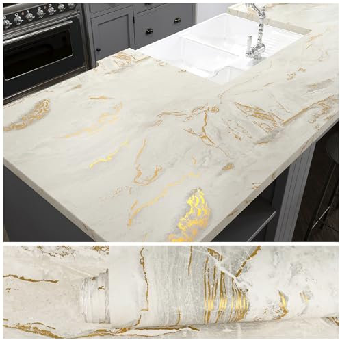 VEELIKE Papier Adhesif Marbre Beige Mat 81 cm x 300 cm Papier Peint Marbre Or Epais Papiers Autocollant Marbres Doré Vinyle Adhesif Cuisine Stickers pour Meubles Salle de Bain Imperméable