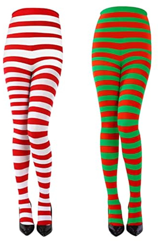 FUIPVGI 2 Piezas de Medias de Circo Pantis Opacos para Mujer, Medias a Rayas por Encima de la Rodilla, Halloween Medias a Rayas, Medias de Elfo, para Carnaval Cosplay Fiestas (3 Colores)