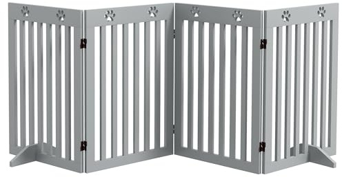 PawHut Freestanding Pet Gate 4 Panel Dog Barrier Folding Safety Fence with Support Feet up to 204cm Long 75cm Tall for Doorway Stairs, Grey