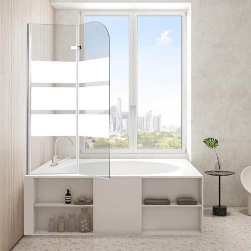 Eikuavons Faltbare Duschwand für Badewanne 100x140cm, 2 teilige Glas Duschtrennwand aus 6mm Sicherheitsglas (ESG), Badewannenaufsatz, Weiße Streifen