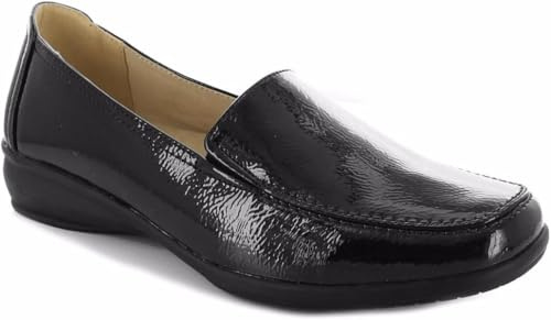 Dr Keller Women's Wide Fit Slip-On Loafers – Comfortable Work Shoes for Ladies – Leather Lined Cushioned Insole – Lightweight Casual & Office Wedge Shoes – Patent Black-8