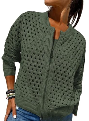Whimsyard Cardigan da donna con cerniera e aperture, cardigan all'uncinetto con cerniera, maglia da donna, top all'uncinetto, Verde militare., XXL
