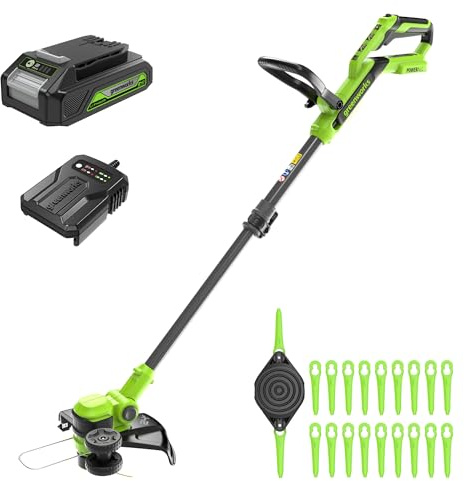 Greenworks Cordless String Trimmer 24V 30cm, Battery Powered Grass Strimmer, Auto Feed Head, Edger (Includes 20 Blades), 2Ah Battery and Charger Included, Green