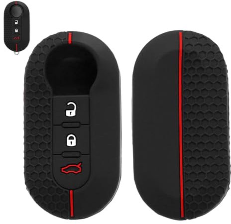 Huybaa Funda de Silicona para Llave de Coche Fiat 500 - Carcasa Llavero de 3 Botones, Accesorios Fiat 500 (Negro con Rojo)