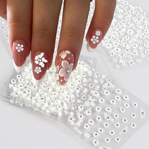 Glimmer Style 5 fogli adesivi per nail art floreale 3D, 5D, autoadesivi, margherite colorate, accessori per unghie, design, decorazione, accessori 30 adesivi per unghie con fiori bianchi per