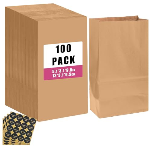 Gcardist 100 sacchetti di carta marrone con 100 adesivi da 5,1 x 3,1 x 9,4 pollici, per piccole feste, regalo senza manico