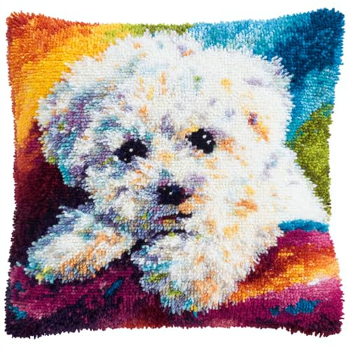 ANSIWEIGO Latch Hook - Juego de cojines para anudar (43 x 43 cm, bichon frisé), juego de cojines de nudos para principiantes, adultos o niños para anudar uno mismo, paquete de alfombra de anudar