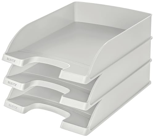 Leitz brevkorg Standard A4, 3-pack, brevfack i premiumkvalitet, stapelbara förvaringsfack som skrivbordsförvaring, kan kombineras med Plus-serien, grå, 52270085
