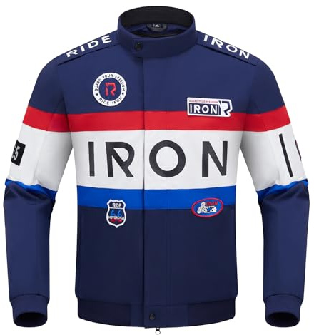 RIDEIRON Giacca Moto Uomo con Protezioni CE – Giacca da Motociclista 4 Stagioni con Fodera Termica Rimovibile, Tessuto Traspirante, Design con Ricami e Stampe, Touring Biker Jacket Blu XL