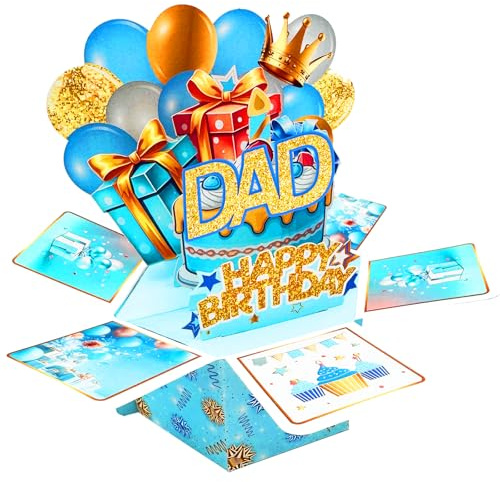Asmallgf Dad Birthday Card Gifts，Funny 3D Pop up Birthday Card for Dad from Daughter Son，Explosion Box Greeting Card with Cake, Balloons & Gifts
