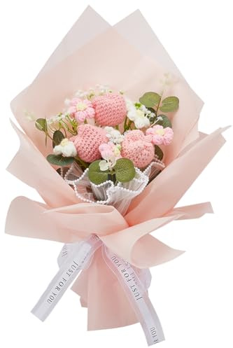 INFUNLY Juego de 9 piezas de ramo de flores de ganchillo rosa hecho a mano con tulipanes y margaritas, ramos de punto artificiales mixtos para cumpleaños, graduación, aniversario, boda, regalo