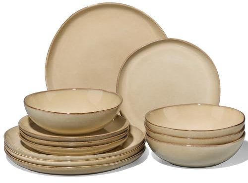 Joyfair 12 Pcs Stoneware Dinner Set Service for 4, Snady Khaki | Reactive Glaze & Irregular Shape, Chip & Scratch Resistant, Plates & Bowls Dinnerware Set, Oven & Microwave & Dishwasher Safe