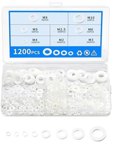 1200 PcsArandelas de Goma, Arandelas de Plástico para Tornillos, Arandelas Planas de Nailon, Junta de Goma para doméstico y comercial, M2 M2.5 M3 M4 M5 M6 M8 M10 (blanco)