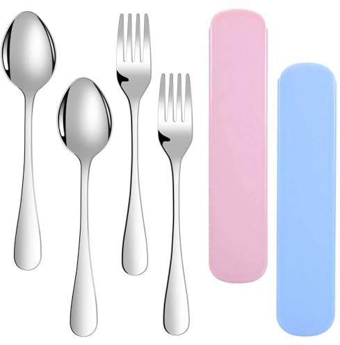 2 Sets Cubiertos Camping Acero Inoxidable con Estuche, 2 Piezas Sporks & Caja Cubiertos, Cubiertos de Viaje Reutilizables to go, Ideales para Exterior, Viaje, Trabajo & Escuela, Colores Azul & Rosa