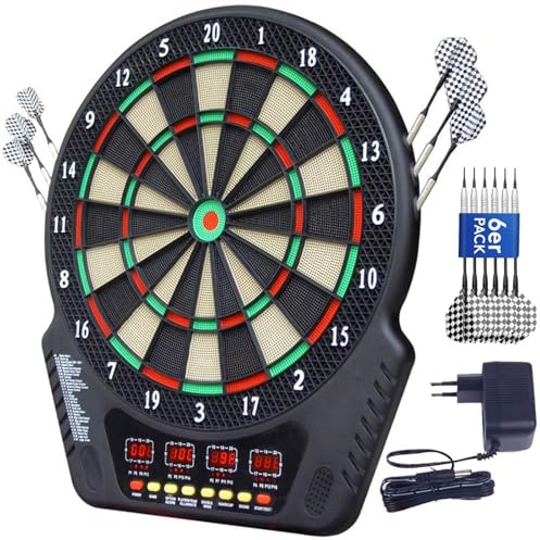 Electronic Dartboard Set, Electric Dartboard with Voice Prompts, 4 LED Indicators, 6 Darts, 27 Games, 243 Game Options, Professional E-Dart Board for Home, Party, Garden, Bar, 1-16 Players, Black