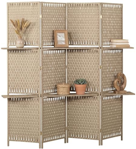 HOMCOM Paravent intérieur 4 Panneaux 181L x 180H cm 2 étagères Pliables séparateur de pièce Bois de pin Bambou Fibres de Papier tressée Naturel Paille